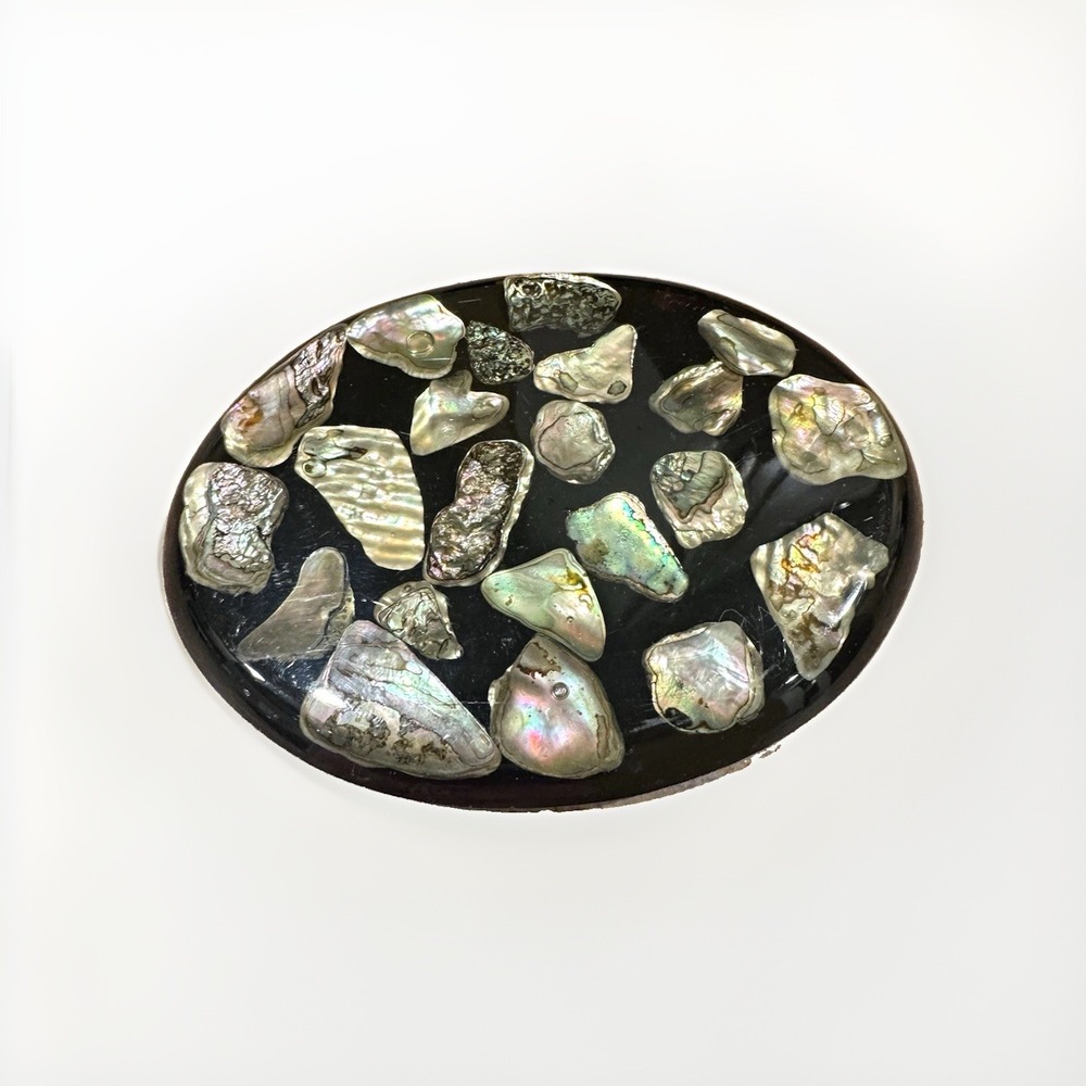 New Designs Inc. Abalone Shell Oval Trivet 8x6 Black Mid-Century Non-Slip